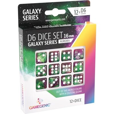 Asmodee Gamegenic D6 DICE SET (set van 12) GALAXY SERIES 16 Gamegenic dice size Color Aurora Aangename grootte en zichtbaarheid van de stippen Asmodee Gamegenic D6 DICE SET (set van 12) GALAXY SERIES 16 Gamegenic dice size Color Aurora Aangename grootte en zichtbaarheid van de stippen