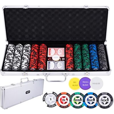 Engelhart 320920 – complete pokerset – koffer van zilverkleurig metaal – 500 chips 14 g kleine inzetten (1 tot 100) + 2 kaartspellen, 3 crêpetoetsen, 5 dobbelstenen – pokerspeelset en accessoires Engelhart 320920 – complete pokerset – koffer van zilverkleurig metaal – 500 chips 14 g kleine inzetten (1 tot 100) + 2 kaartspellen, 3 crêpetoetsen, 5 dobbelstenen – pokerspeelset en accessoires