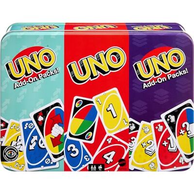 Mattel UNO kaartspel met 2 extra verpakkingen en doos Bevat een UNO-spel en 2 extra pakketten voor kinderen, jongeren en gezinnen, + 7 jaar, 2-10 spelers, JCV60 Mattel UNO kaartspel met 2 extra verpakkingen en doos Bevat een UNO-spel en 2 extra pakketten voor kinderen, jongeren en gezinnen, + 7 jaar, 2-10 spelers, JCV60