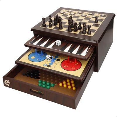 COLORBABY Set van 10 bordspellen + 180 stuks, houten opbergdoos 32 x 32 x 15 cm, schaakspel en boxspeel voor kinderen, meer dan 2 spelers, speelgoed vanaf 5 jaar COLORBABY Set van 10 bordspellen + 180 stuks, houten opbergdoos 32 x 32 x 15 cm, schaakspel en boxspeel voor kinderen, meer dan 2 spelers, speelgoed vanaf 5 jaar