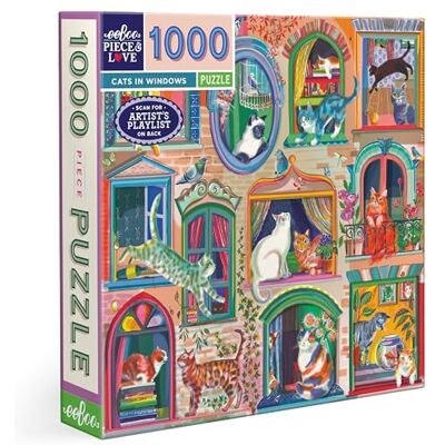 eeBoo Cats in Windows gerecyclede kartonnen munten-kleurrijke puzzel 1000 stukjes-58,5 cm zijkant, PZTCIW eeBoo Cats in Windows gerecyclede kartonnen munten-kleurrijke puzzel 1000 stukjes-58,5 cm zijkant, PZTCIW