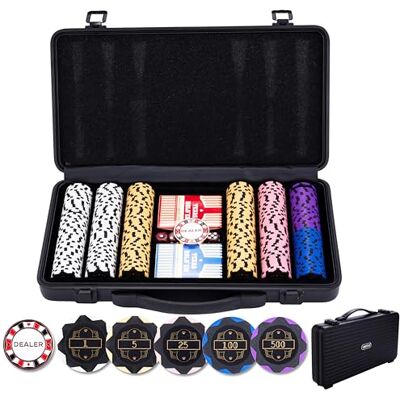 Engelhart 320951 Complete pokerset Zwarte metalen koffer 300 14g genummerde chips (1 tot 500) + 2 kaartspellen, 1 crêpeknop, 5 dobbelstenen Pokerspeelset en accessoires Engelhart 320951 Complete pokerset Zwarte metalen koffer 300 14g genummerde chips (1 tot 500) + 2 kaartspellen, 1 crêpeknop, 5 dobbelstenen Pokerspeelset en accessoires