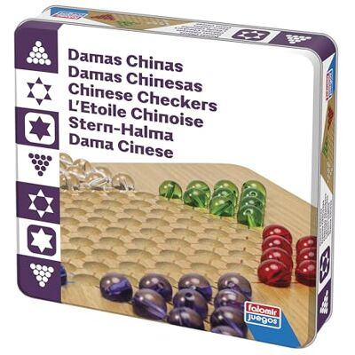 Falomir Chinese dames Deluxe kleurrijke en grappige strategie blikken doos vanaf 2 spelers (leeftijd 6+) Falomir Chinese dames Deluxe kleurrijke en grappige strategie blikken doos vanaf 2 spelers (leeftijd 6+)