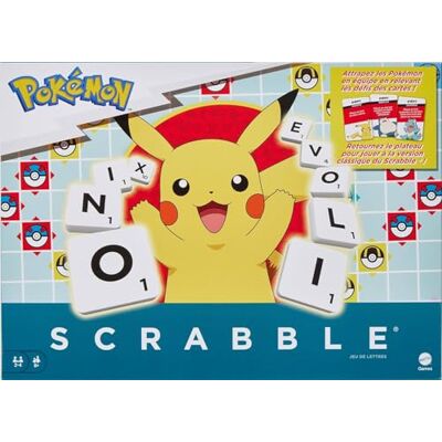 Mattel Scrabble Pokémon, familieletterspel met twee speelmogelijkheden, bevat 50 uitdagingskaarten met Pokémon-figuren, voor 2 tot 4 spelers, HXT27 Mattel Scrabble Pokémon, familieletterspel met twee speelmogelijkheden, bevat 50 uitdagingskaarten met Pokémon-figuren, voor 2 tot 4 spelers, HXT27