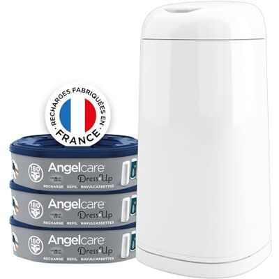 Angelcare Luieremmer + 3 navulverpakkingen, geurremmend, grote capaciteit, antibacterieel, eenvoudig te gebruiken, aankleden, wit Angelcare Luieremmer + 3 navulverpakkingen, geurremmend, grote capaciteit, antibacterieel, eenvoudig te gebruiken, aankleden, wit