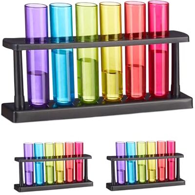 Relaxdays Reageerbuisjes, 18 borrelglazen, 3 plastic houders, 40 ml, chemische shotglazen voor feestjes, meerkleurig Relaxdays Reageerbuisjes, 18 borrelglazen, 3 plastic houders, 40 ml, chemische shotglazen voor feestjes, meerkleurig