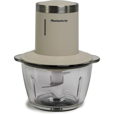 Melchioni Family Elektrische hakmolen, draadloos en oplaadbaar, inhoud glazen kom 1,2 liter, tweelaags lemmet, kleur wit Melchioni Family Elektrische hakmolen, draadloos en oplaadbaar, inhoud glazen kom 1,2 liter, tweelaags lemmet, kleur wit