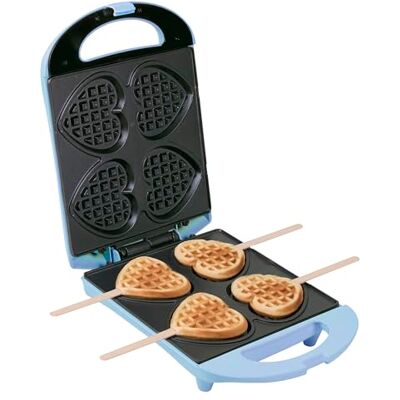 Bestron Wafelijzer voor klassieke wafels in hartvorm, wafelijzer met antiaanbaklaag voor hartvormige wafels op stokjes, retro design, 700 W, kleur: blauw Bestron Wafelijzer voor klassieke wafels in hartvorm, wafelijzer met antiaanbaklaag voor hartvormige wafels op stokjes, retro design, 700 W, kleur: blauw