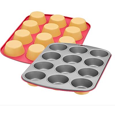WMF Kaiser Happy Colors Muffinvorm voor 12 muffins, anti-aanbaklaag, 38 x 27 cm, standaardformaat, oranje/roze WMF Kaiser Happy Colors Muffinvorm voor 12 muffins, anti-aanbaklaag, 38 x 27 cm, standaardformaat, oranje/roze