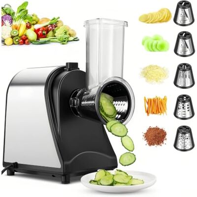 COOCHEER Elektrische groentesnijder 250 W met 5 roestvrijstalen trommels Groentesnijder met 5 trommelmessen voor kaas, fruit en groenten, vaatwasmachinebestendig voor het gezin COOCHEER Elektrische groentesnijder 250 W met 5 roestvrijstalen trommels Groentesnijder met 5 trommelmessen voor kaas, fruit en groenten, vaatwasmachinebestendig voor het gezin