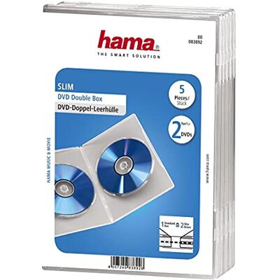 Hama Boîtier"Slim" double (pour DVD, convient également aux CD et disques Blu-ray, ultra mince, avec une feuille pour la couverture, lot de 5) Transparent Hama Boîtier"Slim" double (pour DVD, convient également aux CD et disques Blu-ray, ultra mince, avec une feuille pour la couverture, lot de 5) Transparent