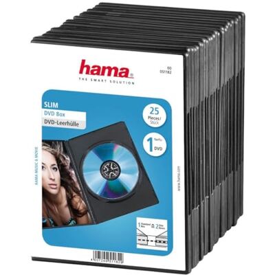 Hama Slim Case (voor DVD, ook voor cd's en Blu-ray-discs, ultradun, met inlegblad, 25 stuks) zwart/transparant Hama Slim Case (voor DVD, ook voor cd's en Blu-ray-discs, ultradun, met inlegblad, 25 stuks) zwart/transparant