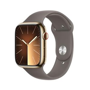 Apple Watch Series 9 GPS + Cellular, 45 mm goudkleurige roestvrijstalen behuizing, klei sportband S/M