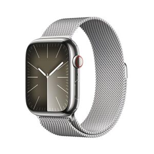 Apple Watch Series 9 (45 mm GPS + Cellular) Smartwatch met roestvrijstalen behuizing en Milanese zilveren armband. Tracker voor fysieke activiteit, apps voor zuurstof in het bloed en ECG,