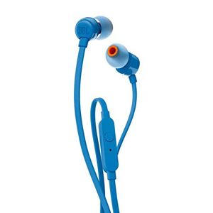 JBL Tune 110 In-ear hoofdtelefoon met knoopvrije platte bandkabel en microfoon in blauw voor grenzeloos muziekgenot met de Pure Bass Sound technologie