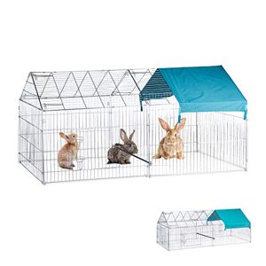 Relaxdays Vrijloopren voor konijnen en gevogelte, zonnezeil, zitstang naar keuze, grote vogel, verzinkt, zilverkleurig, staal, nylon, 103 x 100 x 220 cm