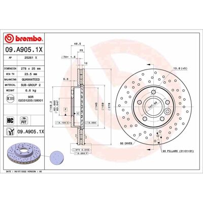 Remschijf Brembo 09.A905.1x, 1 Stuk Remschijf Brembo 09.A905.1x, 1 Stuk