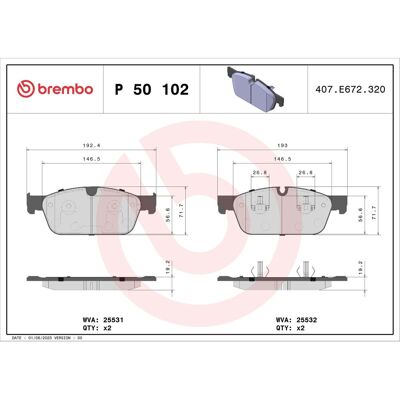 Remblokset Brembo P 50 102, Voor Remblokset Brembo P 50 102, Voor