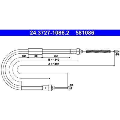 Kabel, Parkeerrem Ate 24.3727-1086.2, Rechts Kabel, Parkeerrem Ate 24.3727-1086.2, Rechts