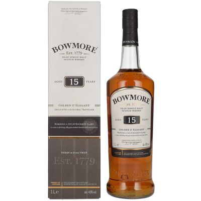 Bowmore 15 Years Old GOLDEN & ELEGANT Travel Exclusive 43% Vol. 1l in geschenkverpakking Bowmore 15 Years Old GOLDEN & ELEGANT Travel Exclusive 43% Vol. 1l in geschenkverpakking