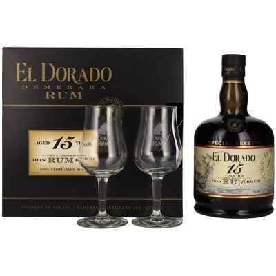 El Dorado 15 Years Old Finest Demerara Rum SPECIAL RESERVE 43% Vol. 0,7l in geschenkverpakking met 2 Bril El Dorado 15 Years Old Finest Demerara Rum SPECIAL RESERVE 43% Vol. 0,7l in geschenkverpakking met 2 Bril
