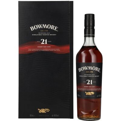 Bowmore 21 Years Old Sherry Oak Cask Islay Single Malt 46,8% Vol. 0,7l in geschenkverpakking Bowmore 21 Years Old Sherry Oak Cask Islay Single Malt 46,8% Vol. 0,7l in geschenkverpakking
