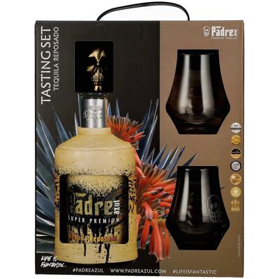 Padre Azul Super Premium Tequila Reposado 100% Agave 40% Vol. 0,7l in geschenkverpakking met 2 Bril Padre Azul Super Premium Tequila Reposado 100% Agave 40% Vol. 0,7l in geschenkverpakking met 2 Bril