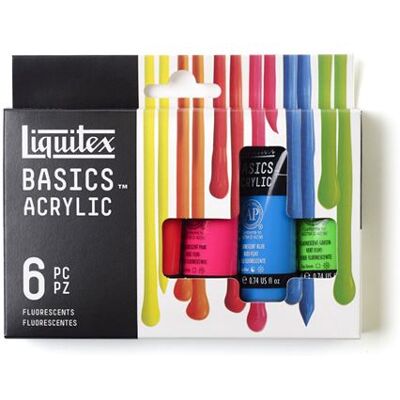 Liquitex Basics - Verfset - acrylverf - 6 kleuren - fluorescerend blauw, fluorescerend groen, fluorescerend oranje, fluorescerend roze, fluorescerend rood, fluorescerend geel - satijn - dun - 22 ml Liquitex Basics - Verfset - acrylverf - 6 kleuren - fluorescerend blauw, fluorescerend groen, fluorescerend oranje, fluorescerend roze, fluorescerend rood, fluorescerend geel - satijn - dun - 22 ml