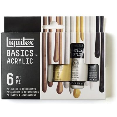 Liquitex Basics - Verfset - acrylverf - 6 kleuren - goud, zilver, brons, koper, iriserend wit, iriserend grafiet - satijn - dun - 22 ml Liquitex Basics - Verfset - acrylverf - 6 kleuren - goud, zilver, brons, koper, iriserend wit, iriserend grafiet - satijn - dun - 22 ml