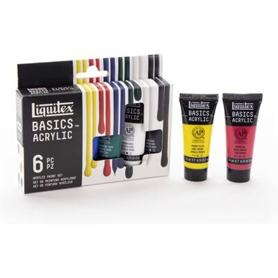 Liquitex Basics - Verfset - acrylverf - 6 kleuren - primair rood, primair blauw, primair geel, ftalogroen, mars-zwart, titaanwit - satijn - dun - 22 ml Liquitex Basics - Verfset - acrylverf - 6 kleuren - primair rood, primair blauw, primair geel, ftalogroen, mars-zwart, titaanwit - satijn - dun - 22 ml