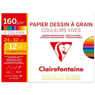 Zakje met 12 vellen Clairefontaine tekenpapier Heldere kleuren Zakje met 12 vellen Clairefontaine tekenpapier Heldere kleuren