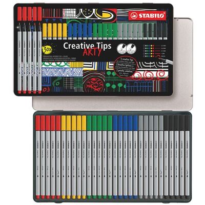 Metalen doos met 30 Stabilo Creative Tips Arty markers in klassieke kleuren Metalen doos met 30 Stabilo Creative Tips Arty markers in klassieke kleuren