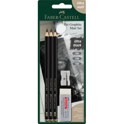 Set Faber-Castell 3 Pitt Graphite Matt-potloden + 1 stofvrije gum + 1 metalen puntenslijper Set Faber-Castell 3 Pitt Graphite Matt-potloden + 1 stofvrije gum + 1 metalen puntenslijper