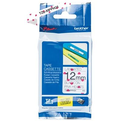 Brother Tze-mpph31 - Zwart Op Roze Harten - Rol (1,2 Cm X 4 M) 1 Cassette(s) Gelamineerde Tape - Voor Brother Pt-h110; P-touch Pt-h105, H110; P-touch Cube Pt-p300; P-touch Embellish Pt-d215 Brother Tze-mpph31 - Zwart Op Roze Harten - Rol (1,2 Cm X 4 M) 1 Cassette(s) Gelamineerde Tape - Voor Brother Pt-h110; P-touch Pt-h105, H110; P-touch Cube Pt-p300; P-touch Embellish Pt-d215