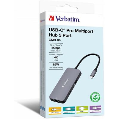 Verbatim CMH 05 - Hub - 1 x HDMI + 1 x USB-C (stroomtoevoer) + 2 x USB-A 3.2 Gen 1 + 1 x 1 Gigabit Ethernet - desktop Verbatim CMH 05 - Hub - 1 x HDMI + 1 x USB-C (stroomtoevoer) + 2 x USB-A 3.2 Gen 1 + 1 x 1 Gigabit Ethernet - desktop
