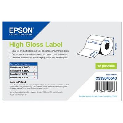 Epson - Hoogglans - 76 x 127 mm 250 etiket(ten) (1 rol(len) x 250 gesneden etiketten met kleur - voor ColorWorks CW-C4000E (BK), CW-C4000E (MK); TM C3500 Epson - Hoogglans - 76 x 127 mm 250 etiket(ten) (1 rol(len) x 250 gesneden etiketten met kleur - voor ColorWorks CW-C4000E (BK), CW-C4000E (MK); TM C3500