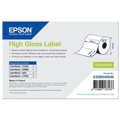 Epson - Hoogglans - 102 x 76 mm 415 etiket(ten) (1 rol(len) x 415 gesneden etiketten met kleur - voor ColorWorks CW-C4000E (BK), CW-C4000E (MK); TM C3500 Epson - Hoogglans - 102 x 76 mm 415 etiket(ten) (1 rol(len) x 415 gesneden etiketten met kleur - voor ColorWorks CW-C4000E (BK), CW-C4000E (MK); TM C3500