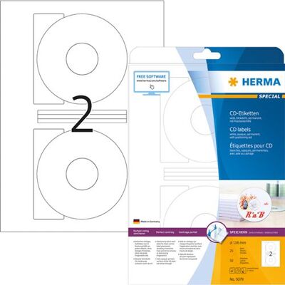 HERMA Special - Papier - mat - permanent zelf-klevend - wit - 116 mm rond 50 etiket(ten) (25 vel(len) x 2 ondoorzichtige CD/DVD-etiketten HERMA Special - Papier - mat - permanent zelf-klevend - wit - 116 mm rond 50 etiket(ten) (25 vel(len) x 2 ondoorzichtige CD/DVD-etiketten