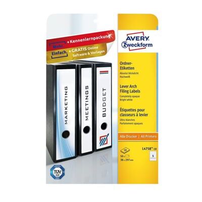 Avery L4758 - Wit - 38 x 297 mm 125 stuks (25 vel(len) x 5 labels bestandmappen Avery L4758 - Wit - 38 x 297 mm 125 stuks (25 vel(len) x 5 labels bestandmappen