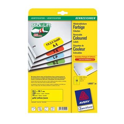 Avery Dennison Avery Zweckform L6057 - Verwijderbare kleeflaag - geel - 99.1 x 38.1 mm 280 etiket(ten) (20 vel(len) x 14 etiketten Avery Dennison Avery Zweckform L6057 - Verwijderbare kleeflaag - geel - 99.1 x 38.1 mm 280 etiket(ten) (20 vel(len) x 14 etiketten