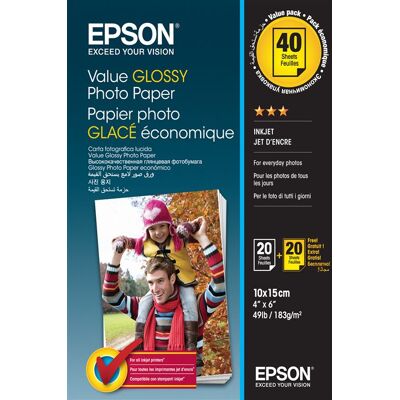 Epson Value Photo Paper Glossy - Glanzend - 100 x 150 mm 20 vel(len) fotopapier (pak van 2) - voor Expression Home HD XP-15000; Expression Premium XP-900, XP-900 Stickers Epson Value Photo Paper Glossy - Glanzend - 100 x 150 mm 20 vel(len) fotopapier (pak van 2) - voor Expression Home HD XP-15000; Expression Premium XP-900, XP-900 Stickers