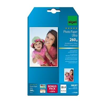 Sigel InkJet Ultra Photo Paper IP606 with Print-Tab - Glanzend - glanzend wit - 100 x 150 mm - 260 g/m² - 24 vel(len) fotopapier Sigel InkJet Ultra Photo Paper IP606 with Print-Tab - Glanzend - glanzend wit - 100 x 150 mm - 260 g/m² - 24 vel(len) fotopapier
