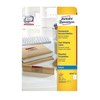 Avery Dennison Avery - Transparant - A4 (210 x 297 mm) 25 etiket(ten) (25 vel(len) x 1 transparante adresetiketten Avery Dennison Avery - Transparant - A4 (210 x 297 mm) 25 etiket(ten) (25 vel(len) x 1 transparante adresetiketten