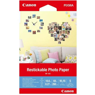 Canon Restickable Photo Paper RP-101 - Mat - verwijderbare kleeflaag - 10,6 mil - 100 x 150 mm - 260 g/m² - 69 lbs (pond) - 5 vel(len) fotostickers - voor PIXMA TS7450i Canon Restickable Photo Paper RP-101 - Mat - verwijderbare kleeflaag - 10,6 mil - 100 x 150 mm - 260 g/m² - 69 lbs (pond) - 5 vel(len) fotostickers - voor PIXMA TS7450i