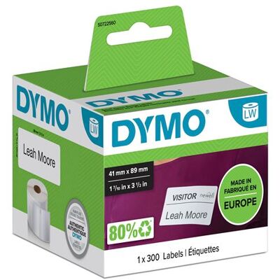 Dymo Labelwriter - Wit - 89 X 41 Mm 300 Etiket(ten) (1 Rol(len) X 300 Naampenninglabels - Voor Dymo Labelwriter Dymo Labelwriter - Wit - 89 X 41 Mm 300 Etiket(ten) (1 Rol(len) X 300 Naampenninglabels - Voor Dymo Labelwriter