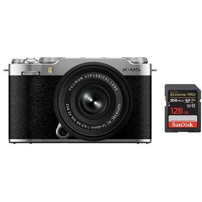 FUJIFILM X-M5 Kit XC 15-45mm f3.5-5.6 (Zilver) + SanDisk 128GB Extreme PRO UHS-I SDXC-geheugenkaart FUJIFILM X-M5 Kit XC 15-45mm f3.5-5.6 (Zilver) + SanDisk 128GB Extreme PRO UHS-I SDXC-geheugenkaart