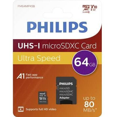 Philips microSDXC geheugenkaart 64 GB Klasse 10 met SD-adapter Zwart Philips microSDXC geheugenkaart 64 GB Klasse 10 met SD-adapter Zwart