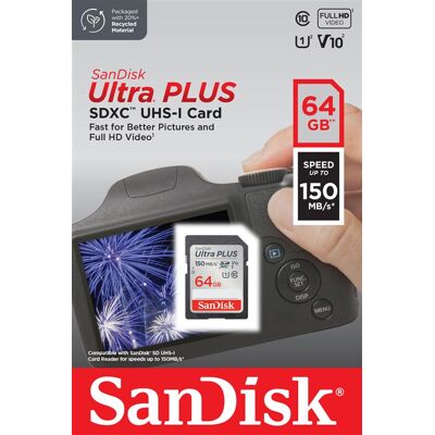 SanDisk SDXC-geheugenkaart Ultra Plus 64 GB 150 MB/s Grijs en Rood SanDisk SDXC-geheugenkaart Ultra Plus 64 GB 150 MB/s Grijs en Rood
