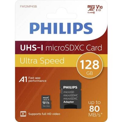 Philips Geheugenkaart UHS-I 128 GB klasse 10 met microSD-, microSDHC- en microSDXC-adapter Zwart Philips Geheugenkaart UHS-I 128 GB klasse 10 met microSD-, microSDHC- en microSDXC-adapter Zwart