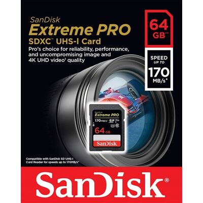 SanDisk Extreme PRO - Flashgeheugenkaart - 64 GB - Video Class V30 / UHS-I U3 / Class10 - SDXC UHS-I SanDisk Extreme PRO - Flashgeheugenkaart - 64 GB - Video Class V30 / UHS-I U3 / Class10 - SDXC UHS-I